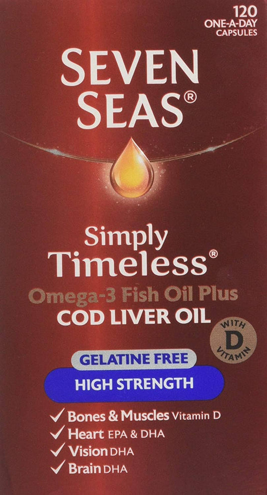 Seven Seas Simply Timeless Omega-3 Fish Oil Plus Cod Liver Oil High Strength, Gelatine Free, with Vitamin D, 120 One a day Capsules